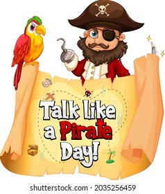 Talk like a pirate day font banner with a pirate cartoon character  illustration