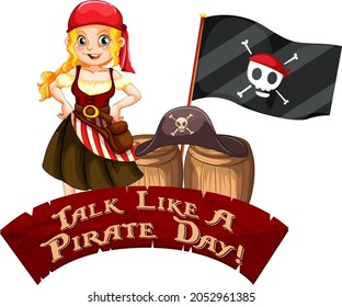 Talk Like A Pirate Day font banner with pirate girl cartoon character illustration