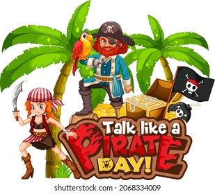 Talk Like A Pirate Day font banner with pirate cartoon character  illustration