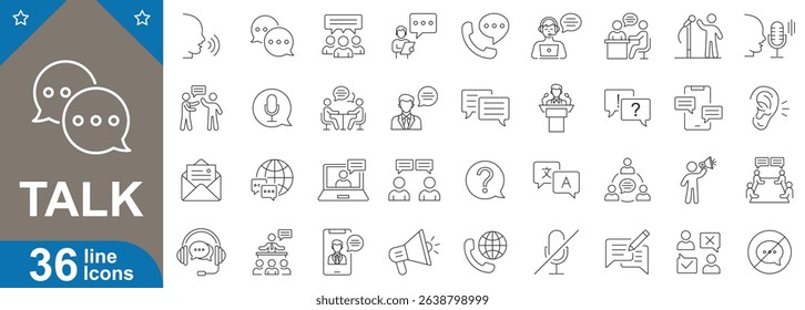 Talk line icons set with editable stroke. Collection of outline style chat, message, speech bubble, communication, dialogue, voice call, conversation and more. Vector illustration