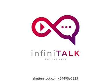 Talk Media Logo. infinity with play button and bubble chat combination. usable for brand and company logos. flat design logo template. vector illustration