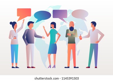 Talk network. Young modern people are talking. Discuss social network. Dialogue speech bubbles. Vector illustration flat design. Isolated on white background. 
