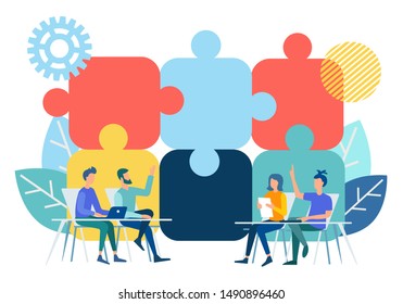 Talk in the office, on the background image of puzzles symbolizing effective negotiations. Business teamwork concept vector illustration.
