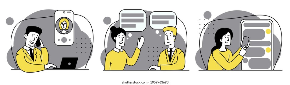 Talk, Online Consultation, Customer Support. Help Line Vector Illustration Set. Customer Self-service, Get In Touch, Call Center, Online Assistance, FAQ, E-support System, Live Chat, Virtual Service 