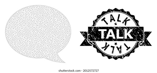 Talk rubber stamp and vector message cloud mesh model. Black stamp has Talk title inside ribbon and rosette. Abstract flat mesh message cloud, designed with polygonal grid.