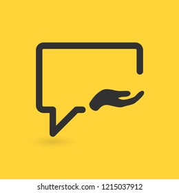Talk Share with hand icon, chat, communication, internet. Vector illustration isolated on yellow background.