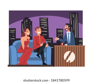 Talk Show with Celebrity Participants Sitting on Couch and Male Presenter Interviewing them Cartoon Style Vector Illustration