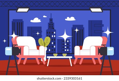 Talk show concept. Cameras stand in front of white chairs in studio. Entertainment and event, television industry. TV show, interesting content. Poster or banner. Cartoon flat vector illustration