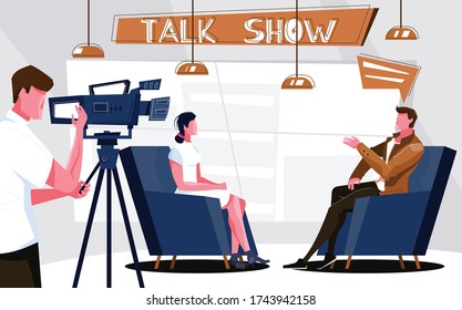 Talk show flat composition with indoor scenery of television studio with tv host guest and cameraman vector illustration