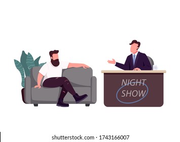 Talk show host and guest flat color vector faceless characters. Chat show, live interview isolated cartoon illustration for web graphic design and animation. Interviewer speaking with celebrity