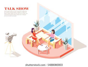 Talk show hostess and guest in studio isometric background 3d vector illustration