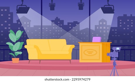 Talk show interior. Tv studio room for recording late evening talk-show, television entertainment apartment stage couch sofa camera and presenter table, vector illustration of show tv broadcast
