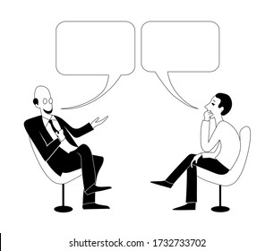 A talk show, interview, or discussion. Two men talking with a speech bubble. They sit facing each other. Hand-drawn black and white outline image.