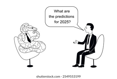 Talk show, interview or discussion. What are predictions for 2025, Man asks Snake in bubble. They sit in chairs facing each other. Hand drawn black and white outline image. Vector black outline image
