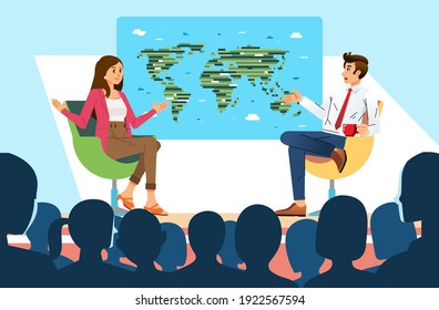 Talk Show Interview With Interviewees And Host On Stage, In Front Of People In Studio. Used For Banner, Website Image And Other