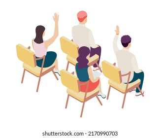 Talk show isometric composition with human characters of tv program participant on blank background vector illustration