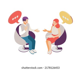 Talk show isometric composition with human characters of tv program participant on blank background vector illustration