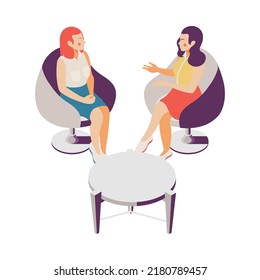 Talk show isometric composition with human characters of tv program participant on blank background vector illustration