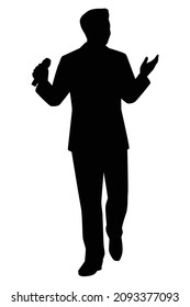 Talk show man with microphone in hand silhouette vector, entertainment or comedy actor on stage.