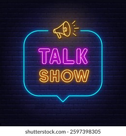 Talk Show Neon sign in speech bubble on brick wall background