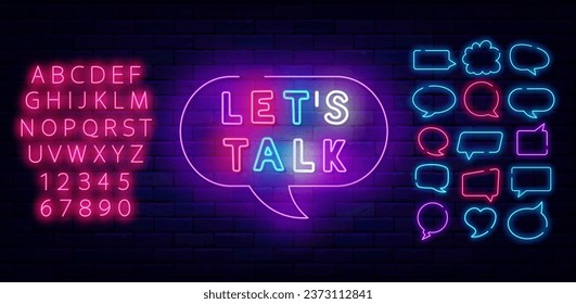 Talk show neon signboard. Shiny pink alphabet. Colorful handwritten text. Speech bubbles frames set. Podcast and interview. Light banner. Editing text. Vector stock illustration