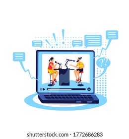 Talk show online flat concept vector illustration. Stream video with computer. Play content on laptop. Podcast hosts 2D cartoon characters for web design. Conversational video creative idea