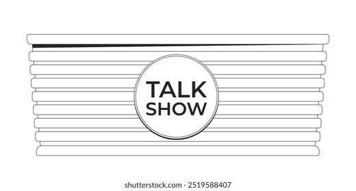 Objeto de línea 2D blanco y negro de la tabla del panel de la demostración de conversación. Esquema de Vector de arte de Clip aislado de escritorio de transmisión de programa de televisión. Equipos de radiodifusión de entretenimiento televisivo. Ilustración de punto monocromático