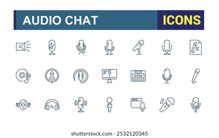 Talk show y colección de íconos de Podcast. Contiene audio, micrófono, grabación, podcasting y más. Conjunto de iconos de línea simple. Ilustración vectorial.