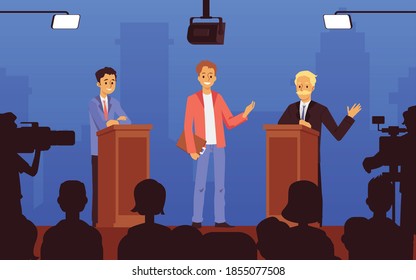 Talk show or political TV debates studio interior with cartoon characters of people standing behind tribunes and presenter or anchorman, flat vector illustration.