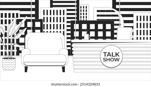 Talk show studio black and white line illustration. Entertainment talkshow room with desk and armchair for guest. Television program 2D interior monochrome backdrop. Channel TV outline vector
