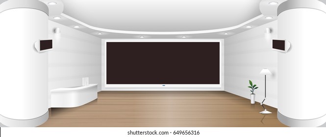 Talk show studio interior with comfortable sofas. modern wide space room