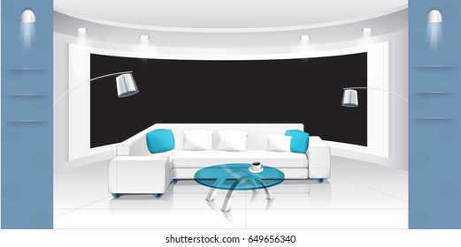 Talk Show Studio Interior With Comfortable Sofas. Modern Wide Space Room