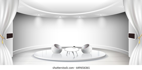 Talk show studio interior with comfortable sofas. modern wide space room