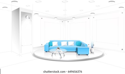 Talk Show Studio Interior With Comfortable Sofas. Modern Wide Space Room