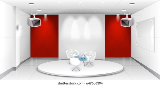 Talk Show Studio Interior With Comfortable Sofas. Modern Wide Space Room