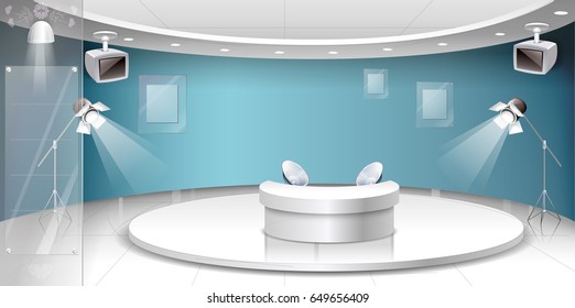 Talk Show Studio Interior With Comfortable Sofas. Modern Wide Space Room