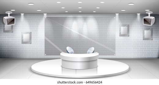 Talk Show Studio Interior With Comfortable Sofas. Modern Wide Space Room