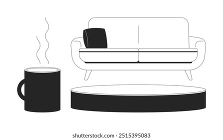 Talk show studio setup black and white 2D line objects set. Comfortable furniture isolated clip arts vector outline items collection. Furnishing equipment for interview. Monochrome spot illustrations