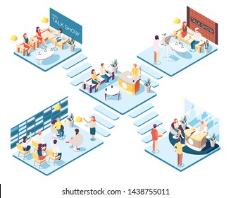 Talk show studios isometric composition with hosts and guests on white background 3d vector illustration