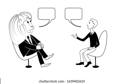 Talk shows, interview or discussion. Man and lion in a suit and tie are talking in bubbles. They sit in chairs facing each other. Hand drawn black and white outline image.
