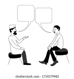 Talk shows, interview or discussion. Man and doctor are talking with speech bubble . They sit facing each other. Hand drawn black and white outline image.