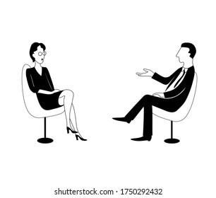 Talk shows, interview or discussion. Man and woman are talking. They sit facing each other. Hand drawn black and white outline image.