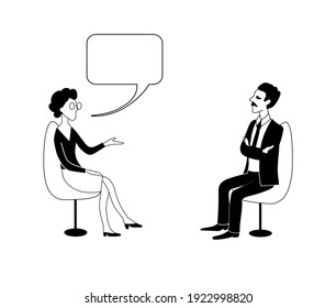 Talk shows, interview or discussion. Man and woman are talking. They sit facing each other in chairs. Hand drawn black and white outline image.