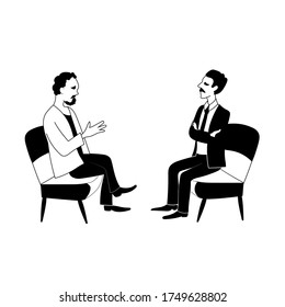 Programas de entrevistas, entrevistas o discusión. Dos hombres hablando. Se sientan uno frente al otro. Imagen de contorno en blanco y negro dibujada a mano.