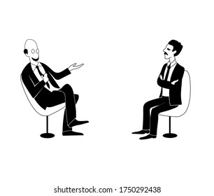 Talk Shows, Interviews oder Diskussionen. Zwei Männer sprechen. Sie sitzen nebeneinander. Handgezeichnetes Schwarz-Weiß-Umrissbild.