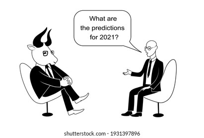 Talk shows, interview or discussion. What are predictions for 2021, Man asks Ox 2021 in bubble. They sit in chairs facing each other. Hand drawn black and white outline image.