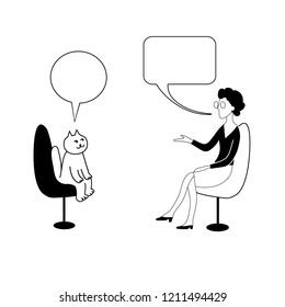 Talk shows, interview or discussion. Woman in glasses asks to cat in bubbles. They sit in chairs facing each other and talking. Vector contour drawing image.