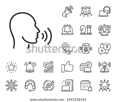 Talk sign. Place location, technology and smart speaker outline icons. Human sing line icon. Person speak symbol. Human sing line sign. Influencer, brand ambassador icon. Support, online offer. Vector