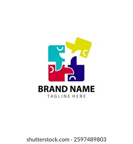talk smile puzzle logo design vector