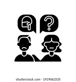 Talk to someone black glyph icon. Help to upset person. Psychological support for abuse victim. Sad man speak with woman. Silhouette symbol on white space. Vector isolated illustration